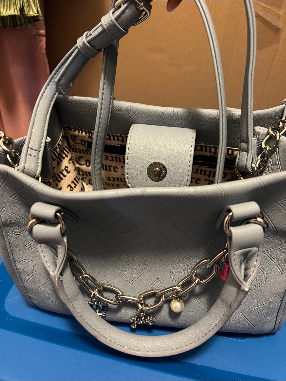 Juicy Couture Light Gray Embossed Satchel with Gold Chain Charm